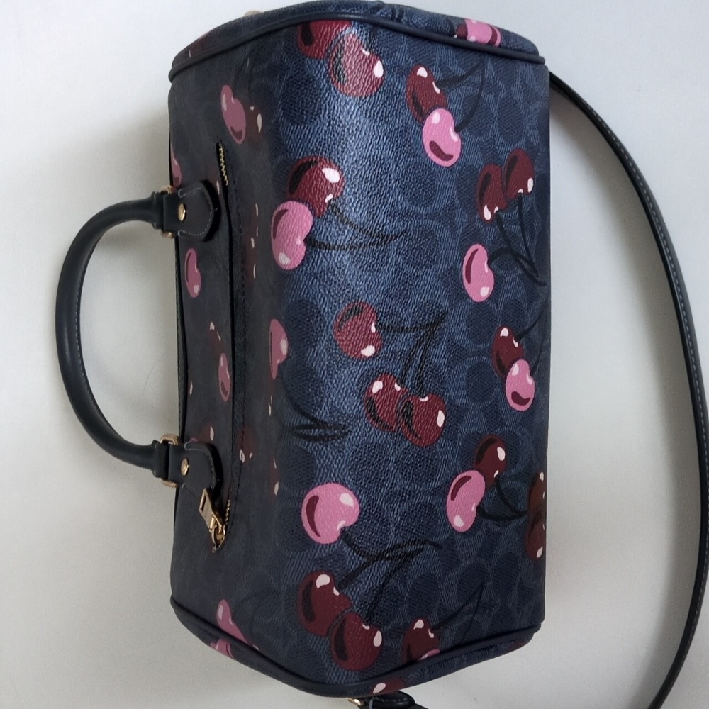 Coach Dark Blue Cherry Pattern Rowan Satchel - Picture 3 of 7